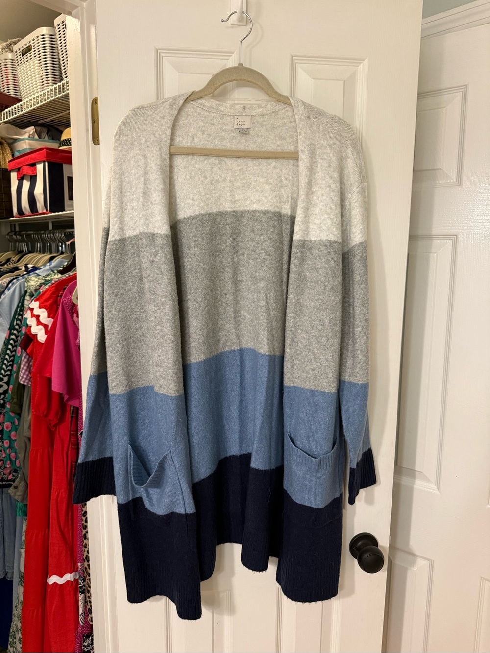 a new day Colorblock Open Cardigan in White, Gray, Blue, Navy